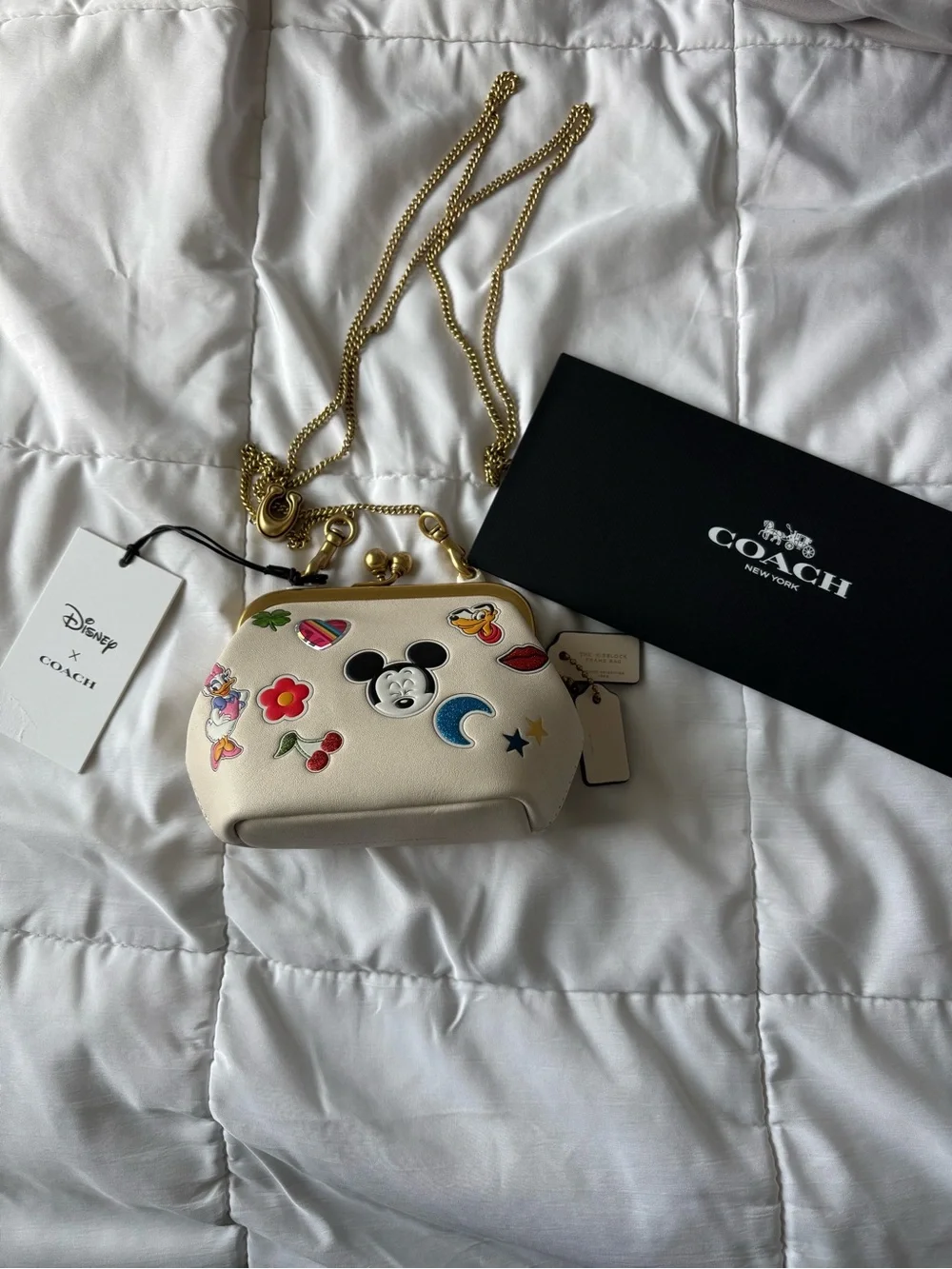 Coach Cream Mickey Kisslock Crossbody with Gold Chain